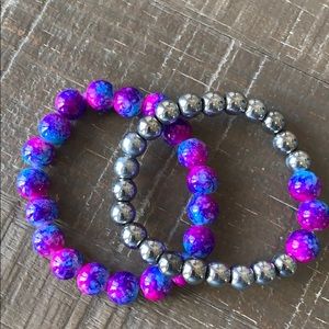 Set of Silver Blue Pink Marble Bead Bracelet